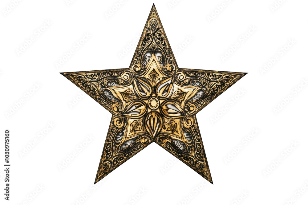 Aufkleber intricate decorative star with golden and metallic patterns on a white isolated background.