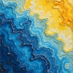 Swirling blue and yellow abstract artwork featuring fluid patterns on canvas displayed indoors