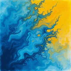 Swirling blue and yellow abstract artwork featuring fluid patterns on canvas displayed indoors