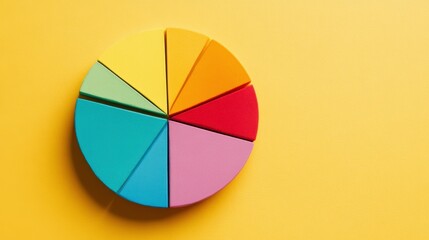 Obraz premium Skill Distribution Pie Chart on a Solid Yellow Background Showing Varied Segments and Colors. Generative AI