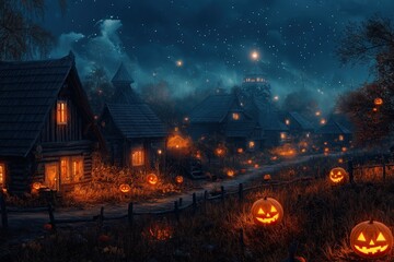Fototapeta premium Spooky village lit by glowing jack-o-lanterns under a starry night sky