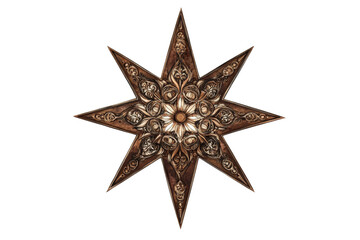 Intricate eight-pointed star design featuring ornate details and a central gem, perfect for decoration and artistic applications.