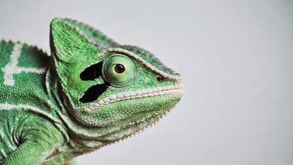 Obraz premium A tight shot of a Green Chameleon's face reveals a black marking on its left eye.