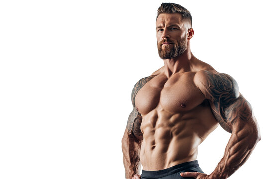 Muscular Man: Portrait of a strong, muscular man with a determined expression and a sculpted physique, showcasing strength, fitness, and athleticism.  
