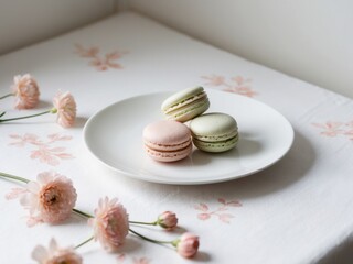 A white plate featuring three macaroons is placed on a white tablecloth decorated with pink flowers.