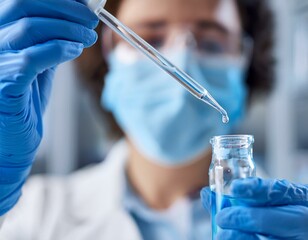 Fototapeta premium Glass vial, pipette and woman scientist in laboratory for medical study, research or experiment. Test tube, dropper and professional female