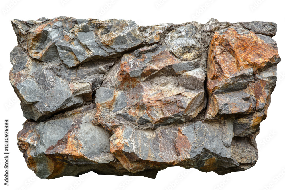 Poster Rock formation with varied textures and colors on a white isolated background.