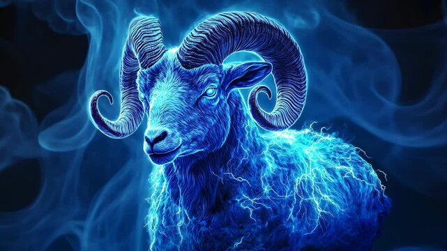 A blue ram with large horns stands against a dark blue background, surrounded by swirling smoke-like energy