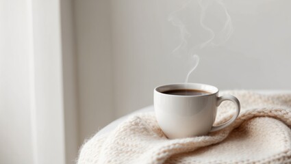 Cozy White Mug with Coffee on Soft Knit Blanket.
