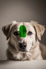 A tight shot of a canine's visage showcasing a central green mark.