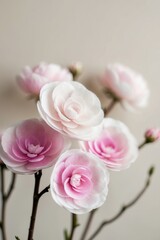 Obraz premium Delicate Watercolor Camellias in Soft Pink and White Tones on Light Beige Background.