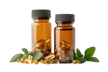 Two glass bottles filled with dietary supplements and natural capsules, surrounded by green leaves.