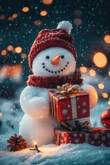 Snowman with christmas presents in his hands. Christmas lights and snowfall in the background, big editable space above him