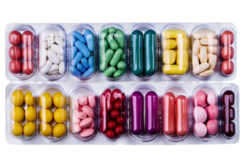 Variety of colorful pills in a blister pack, arranged neatly on a white background.