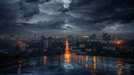 Thunderstorm displays an abstract beauty. Lightning and rain dominate the dark, stormy sky.