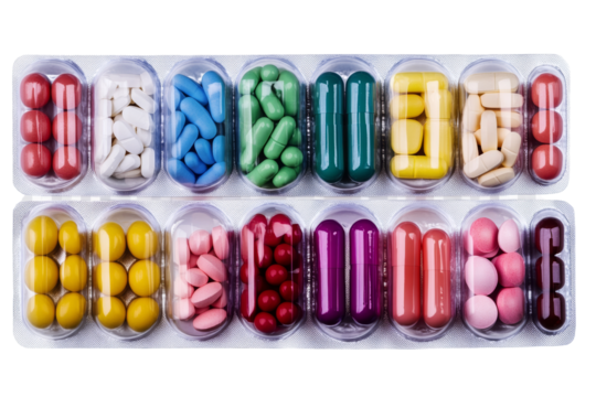 Variety of colorful pills in a blister pack, arranged neatly on a white background.