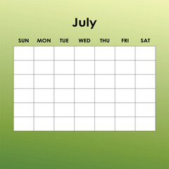 July. Calendar planner. Corporate week. Template layout, 12 months yearly, white background. Simple design for business brochure, flyer, print media, advertisement. Week starts from Monday