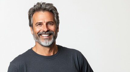 Obraz premium Photo of a middle-aged male model with a long beard and gray hair who looks confident looking at the camera.