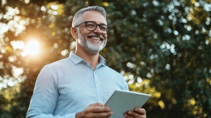 Photo of a professional and elegant middle-aged businessman using a digital tablet.