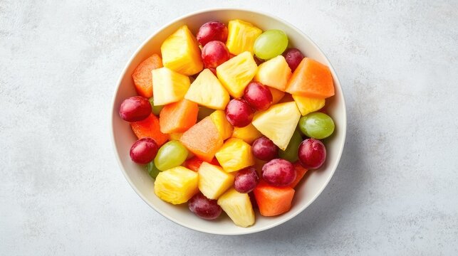 A bowl of organic mixed fruit salad including pineapple, grapes, and melon on a white table