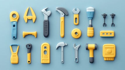 Obraz premium 3D vector cartoon icons of essential tools: planer, saw, pliers, screwdriver, vise, drill, hammer, adjustable wrench, bright and detailed