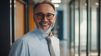 Fototapeta premium Photo of a happy and confident middle-aged businessman standing in an office hallway. Portrait of a mature entrepreneur.