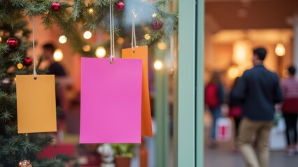 Colorful Sale Signs in Holiday Window Display