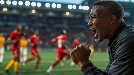 Emotional soccer coach celebrating victory with team in intense stadium atmosphere