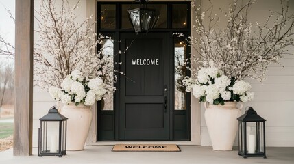 A modern farmhouse front door invites guests with a WELCOME doormat flanked by large vases of white flowers, lanterns, and an elegant black sign in cursive above the door