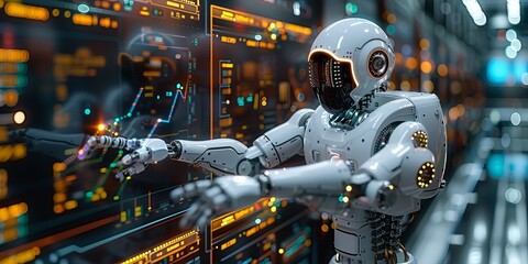 Advanced humanoid robot interacting with high-tech digital interface in a futuristic environment