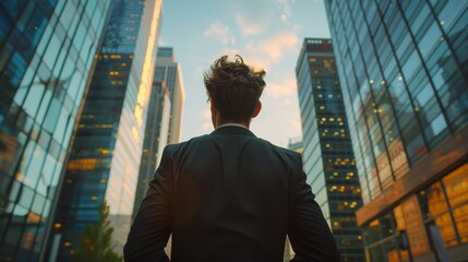 A business professional gazes at the city, dreaming of innovative strategies and leadership roles. Copy space