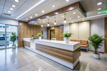 Fototapeta premium Modern Reception Desk in a Medical Center - Double Exposure Photography, Contemporary Design, Healthcare Interior, Welcoming Atmosphere, Professional Space, Innovative Layout, Clean Aesthetic