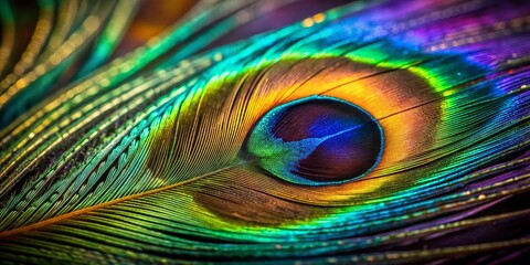 Fototapeta premium Stunning Macro Close-up of a Peacock Feather in Low Light Photography, Showcasing Vibrant Colors and Intricate Patterns for Nature Lovers and Art Enthusiasts