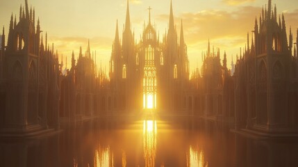 Obraz premium Majestic Gothic Church at Sunset - Detailed 3D Render Illustration of Dramatic Gothic Architecture with Sunset Light and Long Shadows