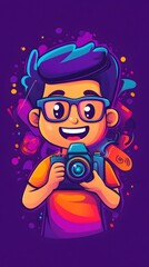A colorful vector logo of an animated young man with glasses and short hair, smiling and holding a video camera