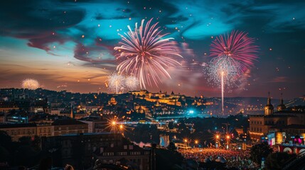 Fototapeta premium A cityscape during a festival, fireworks lighting up the sky, crowds celebrating below