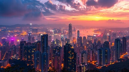 Obraz premium A cityscape at twilight, the sky transitioning from day to night, city lights starting to twinkle