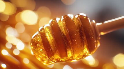 A close-up of a honey dipper covered in golden honey, with a blurred background of a breakfast table