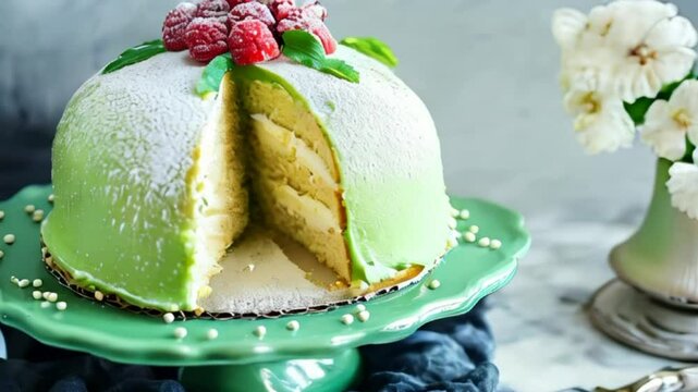 Video of iconic Swedish Princess layer cake with soft sponge whipped cream and raspberry jam. Covered with green almondy marzipan