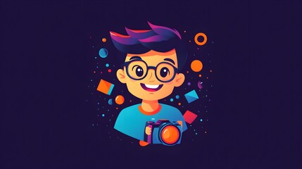 Fototapeta premium A colorful vector logo of an animated young man with glasses and short hair, smiling and holding a video camera