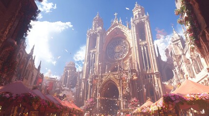 Obraz premium Vibrant Gothic Architecture Market Scene: A Cultural Connection in 3D Rendered Illustration