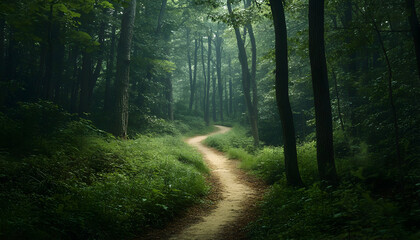 Fototapeta premium A trail winding through the woods, inviting a peaceful walk in nature. 