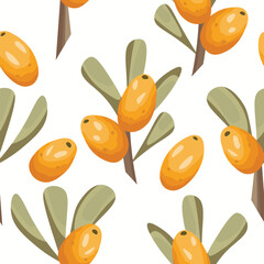 Seamless pattern with sea buckthorn. Natural fresh ripe tasty berries. Vector illustration for background, packaging, textile, fabric and various other designs