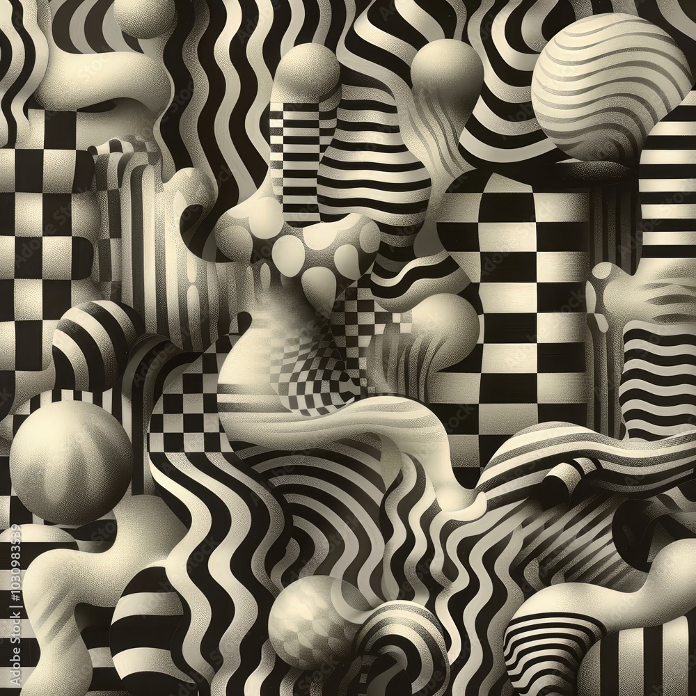 Poster the composition displays a dynamic interplay of swirling lines, spheres, and checkerboard patterns, 