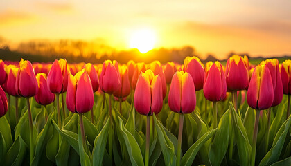 A vibrant sunset illuminating a field of tulips, a vertical composition showcasing spring blooms in their full glory.  