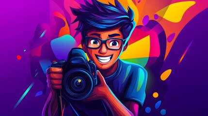 A colorful vector logo of an animated young man with glasses and short hair, smiling and holding a video camera