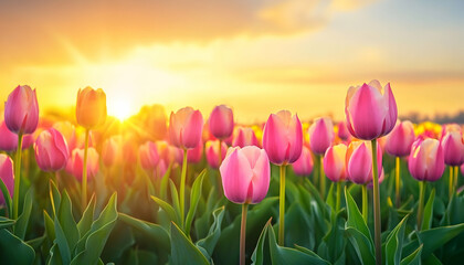 A vibrant sunset illuminating a field of tulips, a vertical composition showcasing spring blooms in their full glory.  