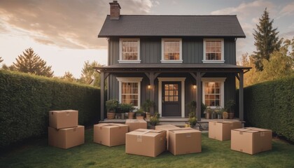 A cozy rural home with neatly stacked moving boxes outside, surrounded by open land, representing the process of real estate downsizing and simplifying one’s lifestyle