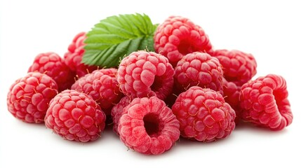 A cluster of fresh raspberries with their rich red color standing out against white