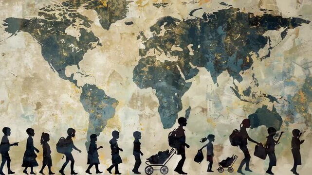 Silhouettes of people carrying backpacks on the background of the world map